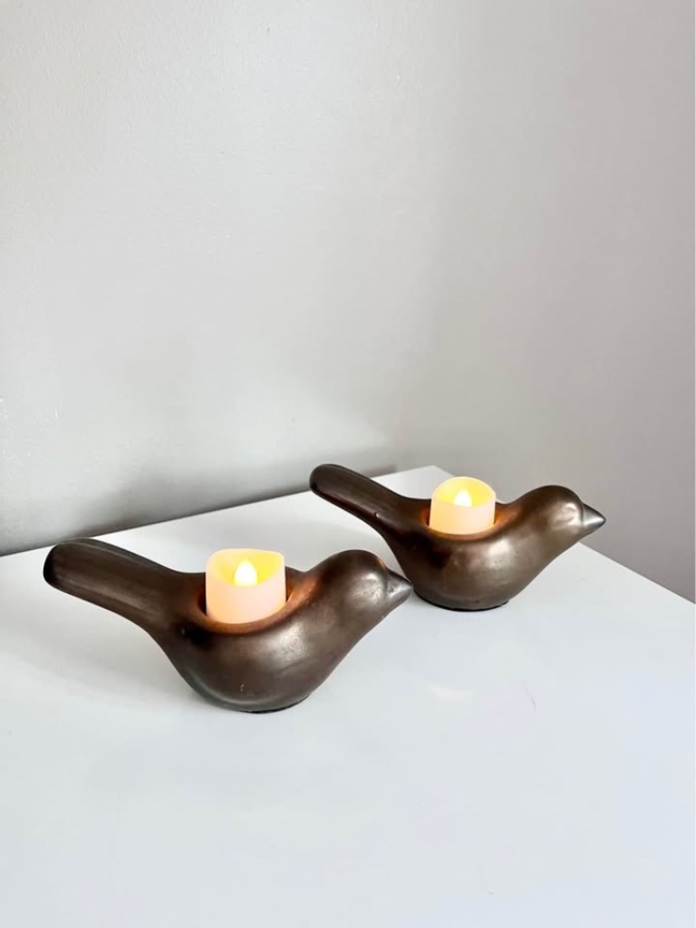 Pair Bronze Tone Bird Tea Light Holders Coffee Table Decor